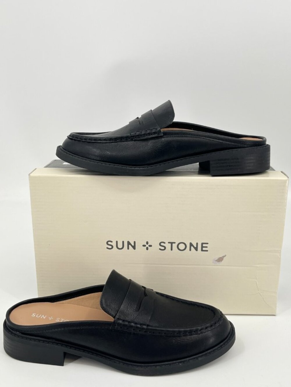 Sun + Stone Katyaaa Mule Penny Loafers Black Size 7.5 Slip On Faux Leather